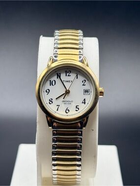 Vintage Timex Indiglo Two Tone Ladies Watch Date Window Stretch Band 27mm
